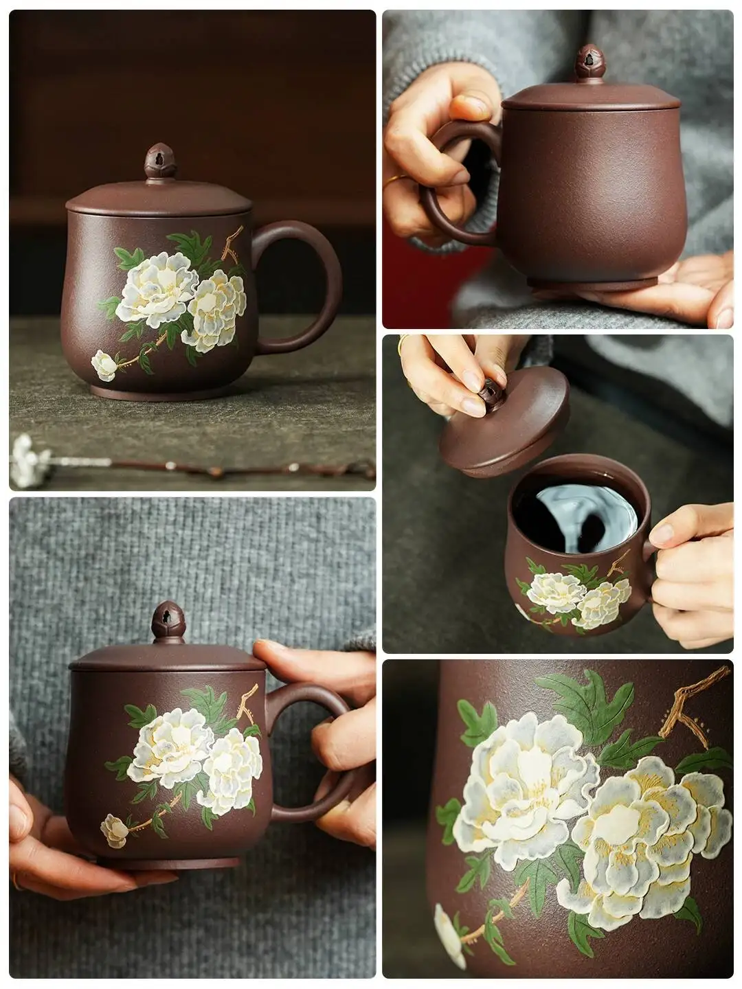 Yihuchun High-End Yixing Hand-Painted Peony Chinese-Style Light Luxury Tea Cup Original Mineral Purple Clay Plain White 370C
