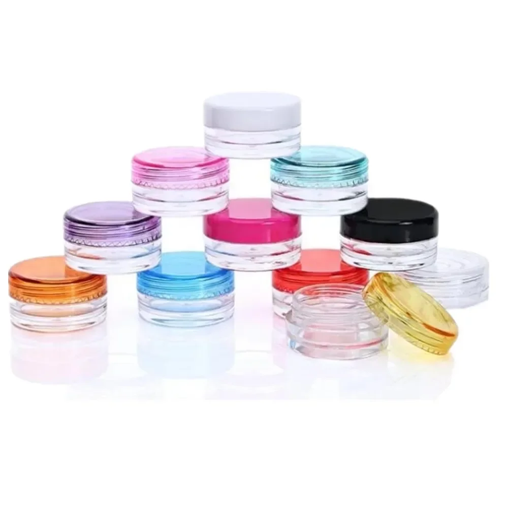 100pcs Mini 3g/5g plastic cosmetic sample jar with colored lid for Powder face cream eye cream earrings pearls necklaces