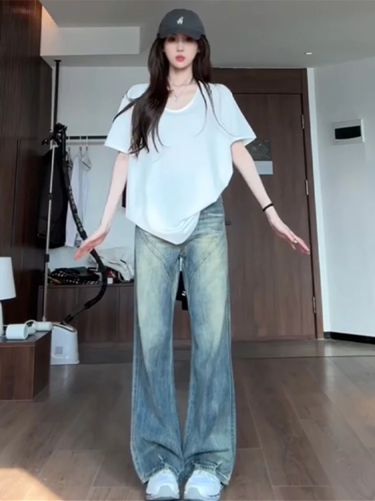 

Американские свободные джинсы с высокой талией и прямыми штанинами, женские повседневные брюки длиной до пола больших размеров