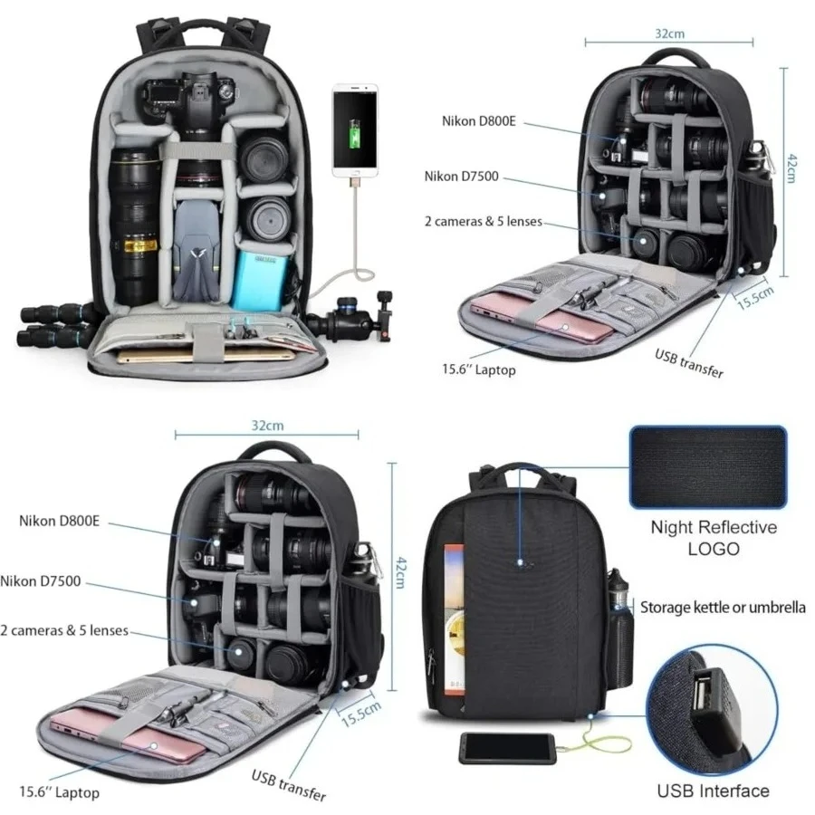 

Camera Backpack Professional DSLR Bag with USB Charging Port Rain Cover, Photography Laptop Backpack for Women Men