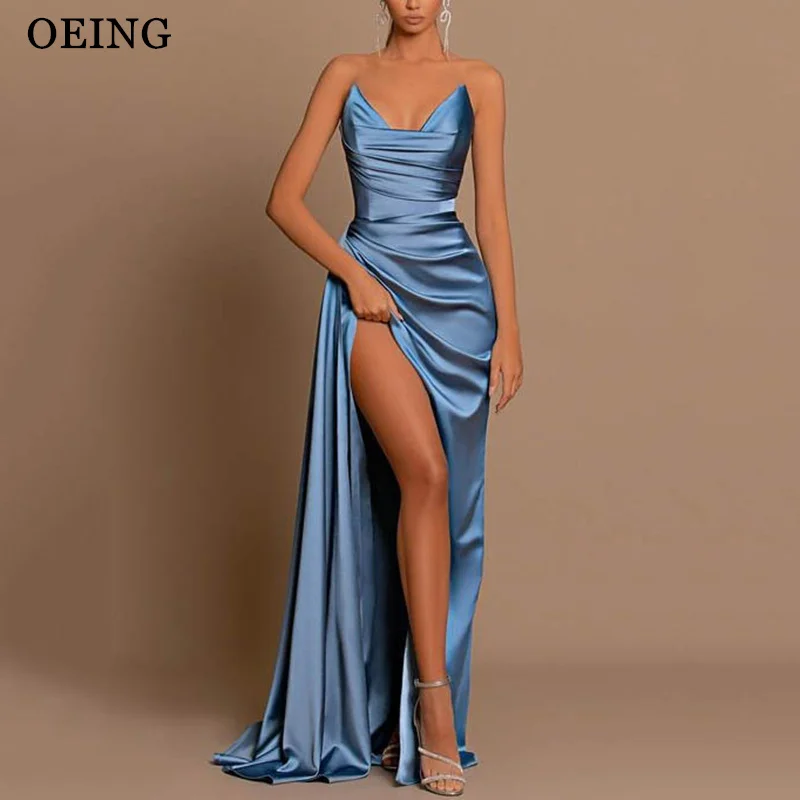 OEING Dusty Blue Sweetheart Party Dress Sexy Strapless Pleats Long High Split Mermaid Evening Dresses Simple Formal Prom Gowns