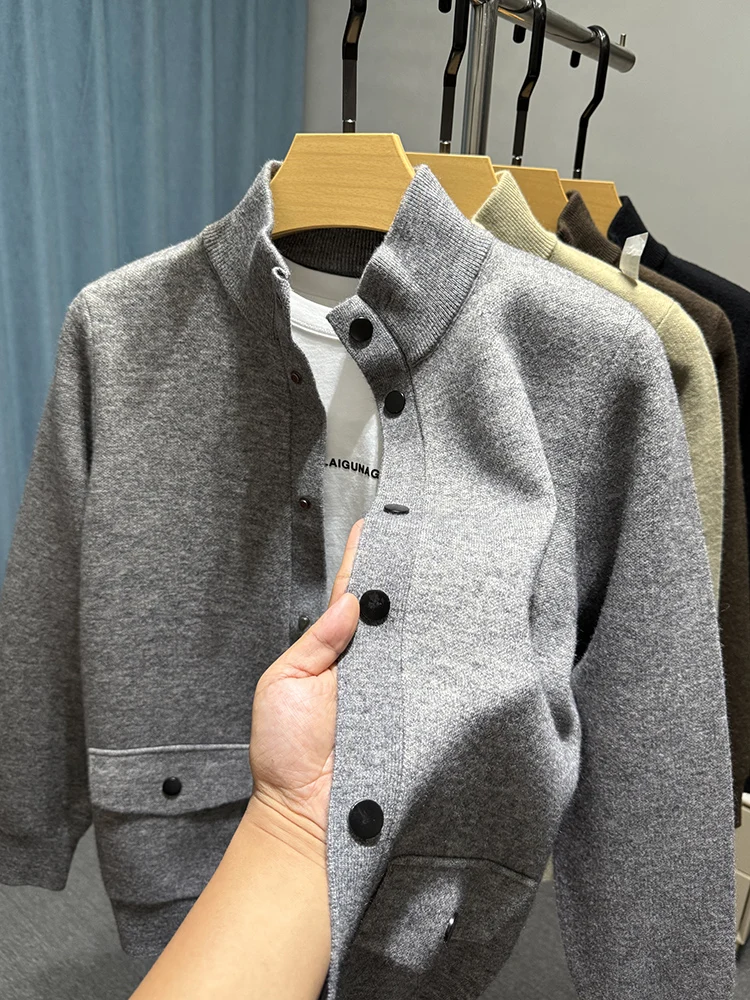 

Casual Men's Knitted Cardigan f High Collar Hidden Button Pure Color Sweater Outerwear Spring Autumn ket irt Thiene...