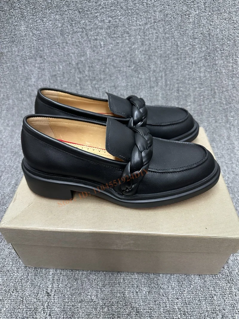 Black Real Leather with Weave Pattern Round Toe Slip On Loafers Man Casual Shoes Plus Size 47On