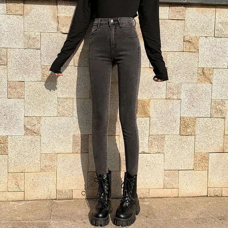 

e ey Denim Slim Fit Pants Women's High Waist Elastic Slimming Long Trousers Korean Sle Pencil Pants Cotton Stretch