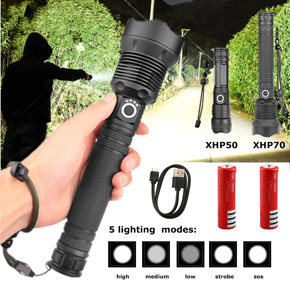 Waterproof Powerful xhp70.2 Flashlight Torch Super Bright Rechargeable Zoom LED Tactical Torch xhp70 Battery Camp Lamp