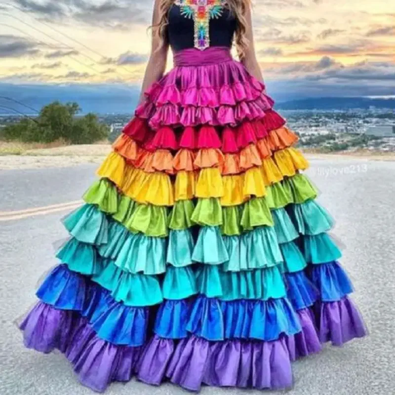 Rainbow Satin Skirt Woman Clothes Long High-waisted Skirts Death Day Costumes Long Skirts Women Clothing Colorful Satin Skirts