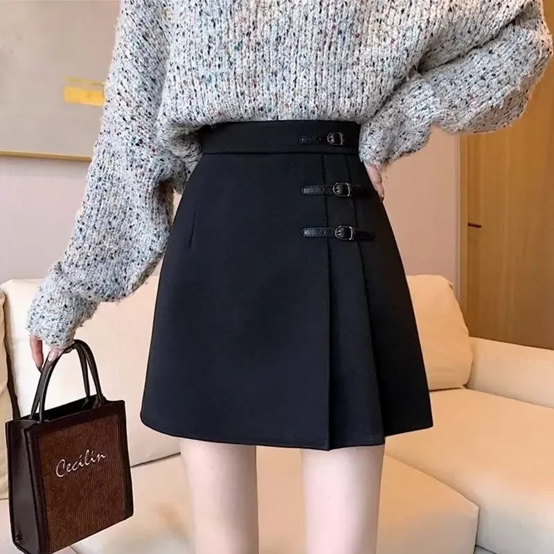 BlackWoolenSkirt Women's Autumn/Winter 2023 New Style High-Waisted A- Line Bodycon Mini Dress Petite Pleated Skirt