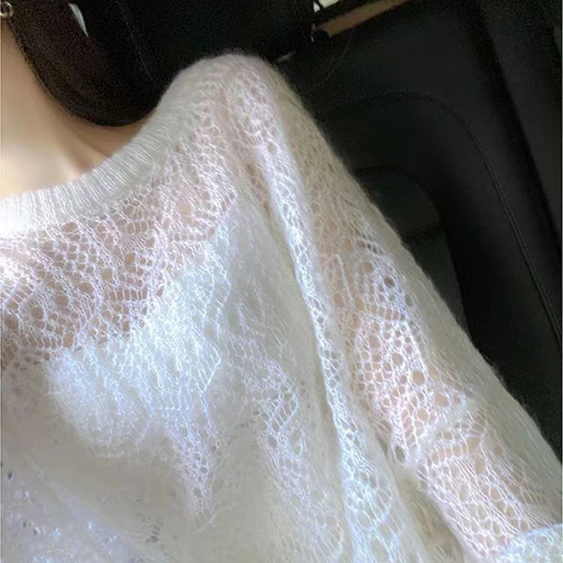 MEXZT Y2K Hollow Out Pullover maglione donna dolce Sexy vedere attraverso sottile maglione allentato coreano oversize protezione solare camicia top