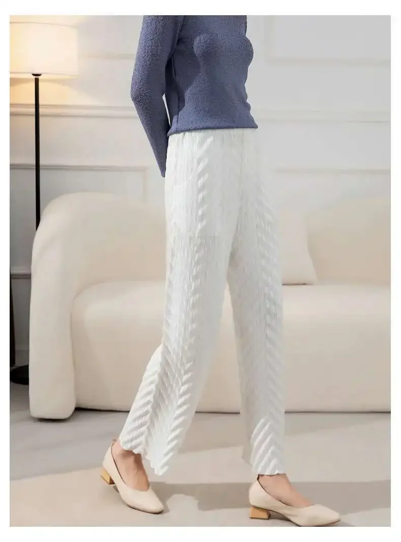 

Miyake Wide Leg Pleated Pants for Women Elastic Waist Solid Color Long Trousers Female Elegant Clothing 2025 Spring New