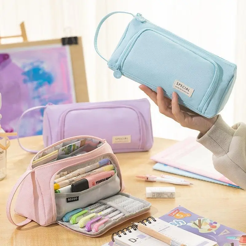 Portable Pencil Case Large Capacity Multilayer Pencil Storage Bag Solid Color With Handle Pen Box School Office Supplies