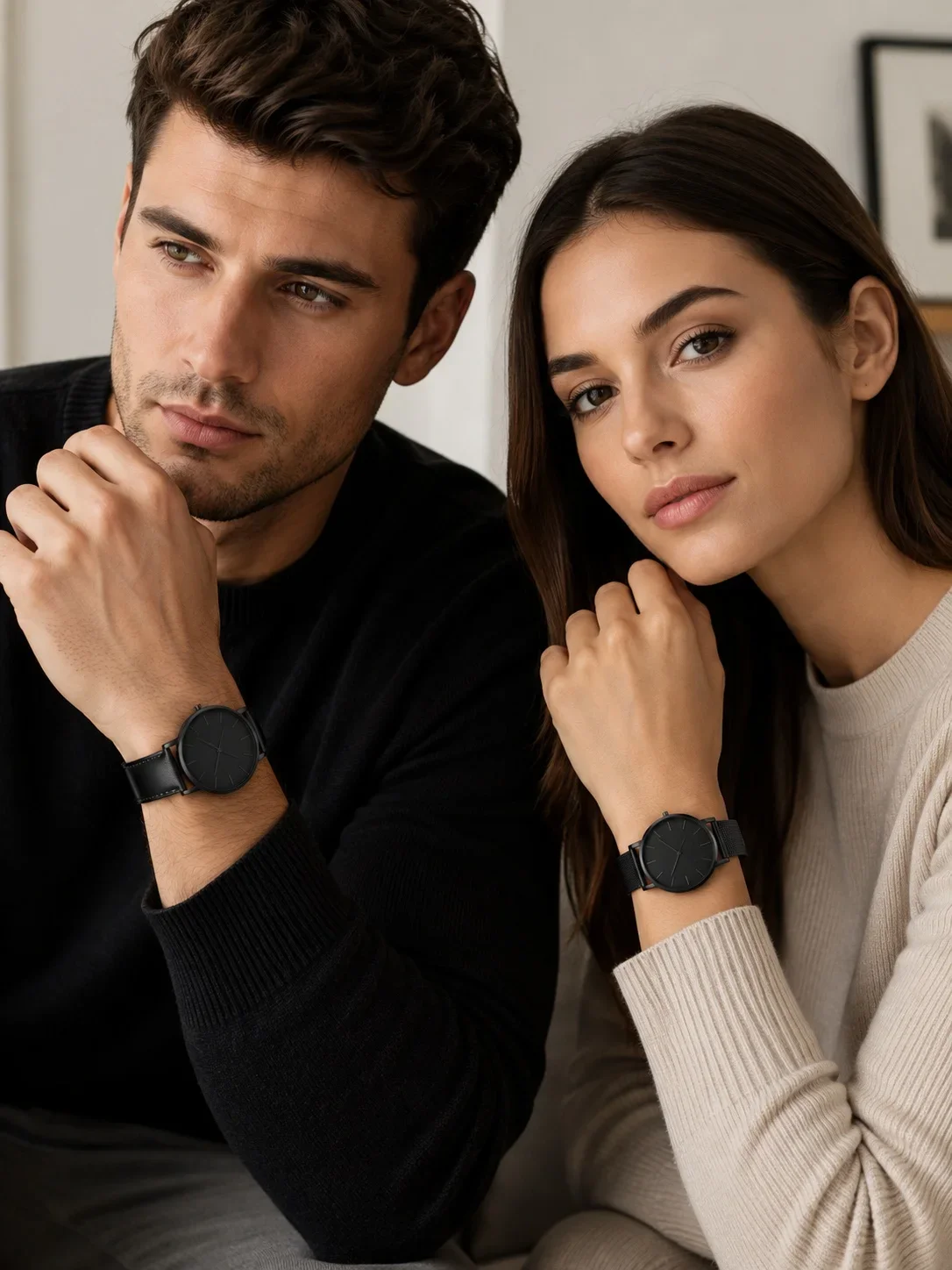 Luxury Simple Couple Watches Set 2Pcs Thin Round Dial Mesh Strap & Leather Band Quartz Wristwatches For Men Women Couple Gift