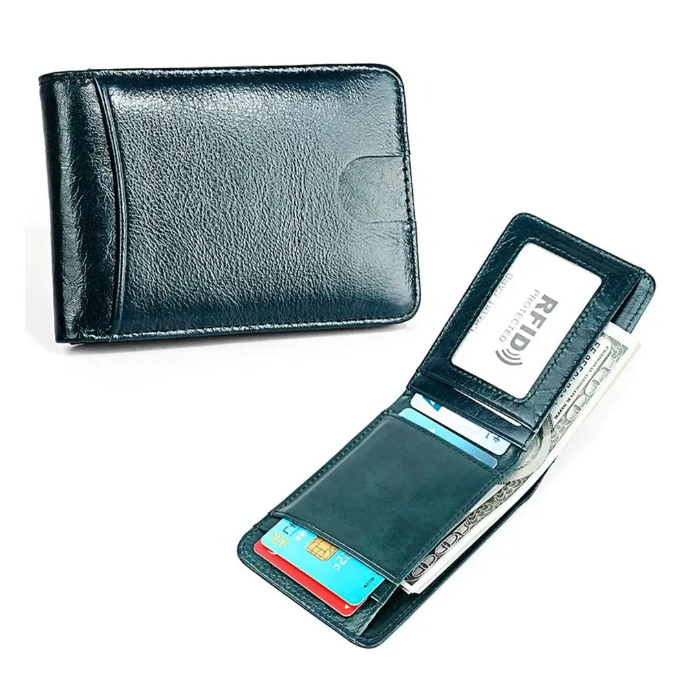 Minimalist Men's Leather Slim Wallet ID Window Cowhide Leather Money Clip for Men 6 Card Slots Bifold RFID Blocking Card Holder