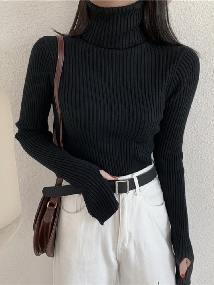 2024 Winter Knitted Turtleneck Sweater Basic Rib Fall Casual Slim Pullover Womens Elasticity Jumper Pull Femme With Thumb Hole