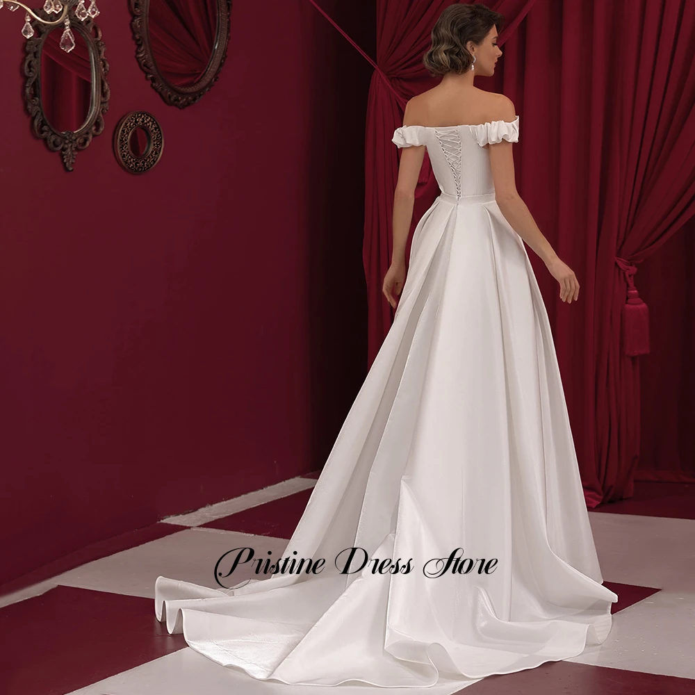 Women White Satin Wedding Dress Simple A-Line Side Slit Off the Shoulder Bridal Gowns Customized Sweep Train Lace Up Back