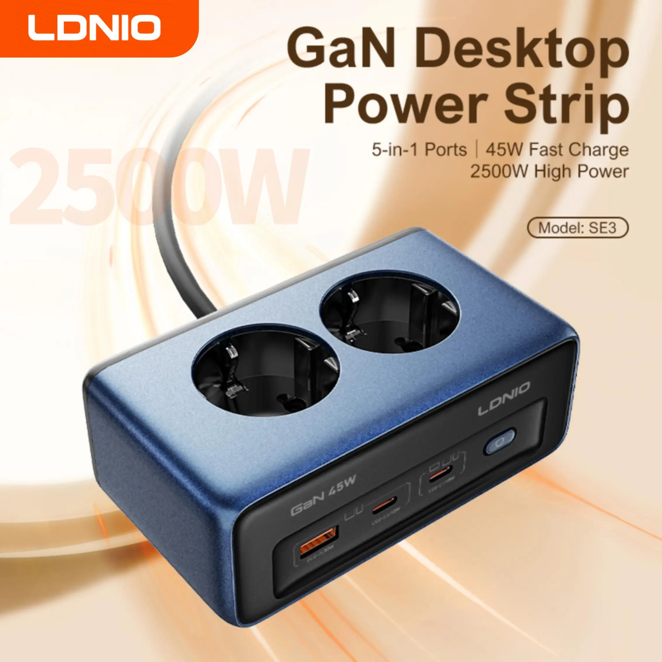LDNIO 2 EU AC Outlets 2500w Power Strip with 2m Extension Cable Electrica Multiple Socket with Surge Protector Network Filter