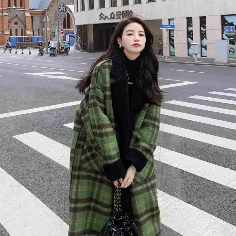 

Women's Green Checkered Double-sided Wear Jacket Female Warm Coat Long Sleeve Cropped Overcoat 2000s Vintage Outerwear