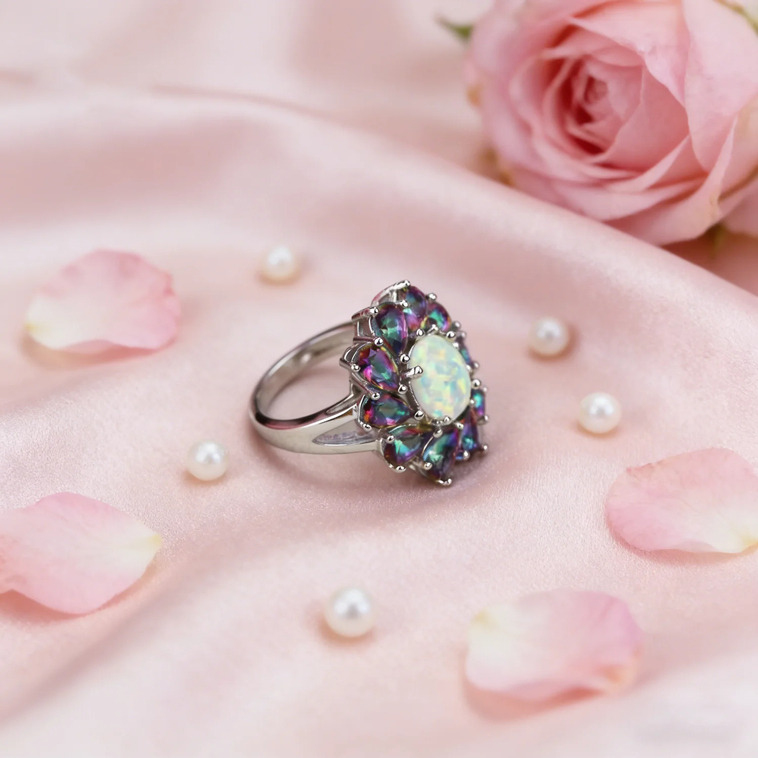 Luxury Flower Cocktail Ring Floral Rainbow Stone & White Opal Rings For Women Fashion Jewelry Bohemia style Gift for Girlfriend