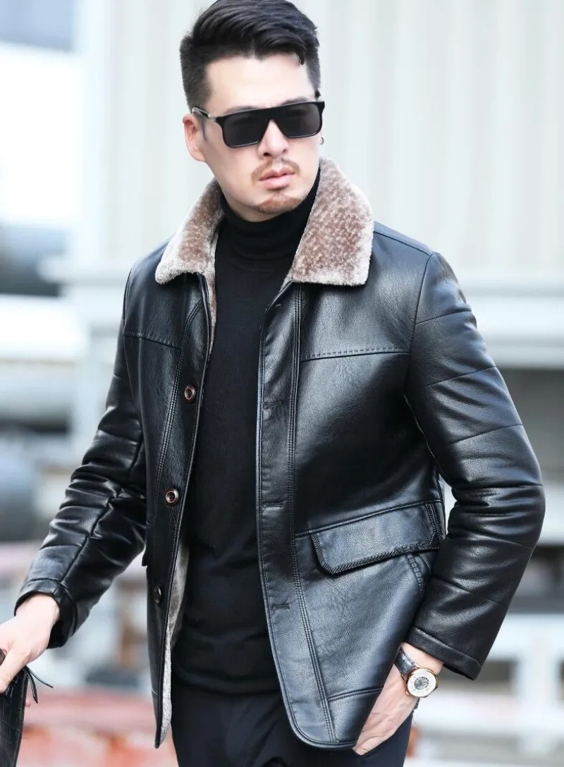 New  real Leather Men's Autumn and Winter Sheepskin Casual Lapel Mid Length Business Leather Down Jacket Size M-6XL