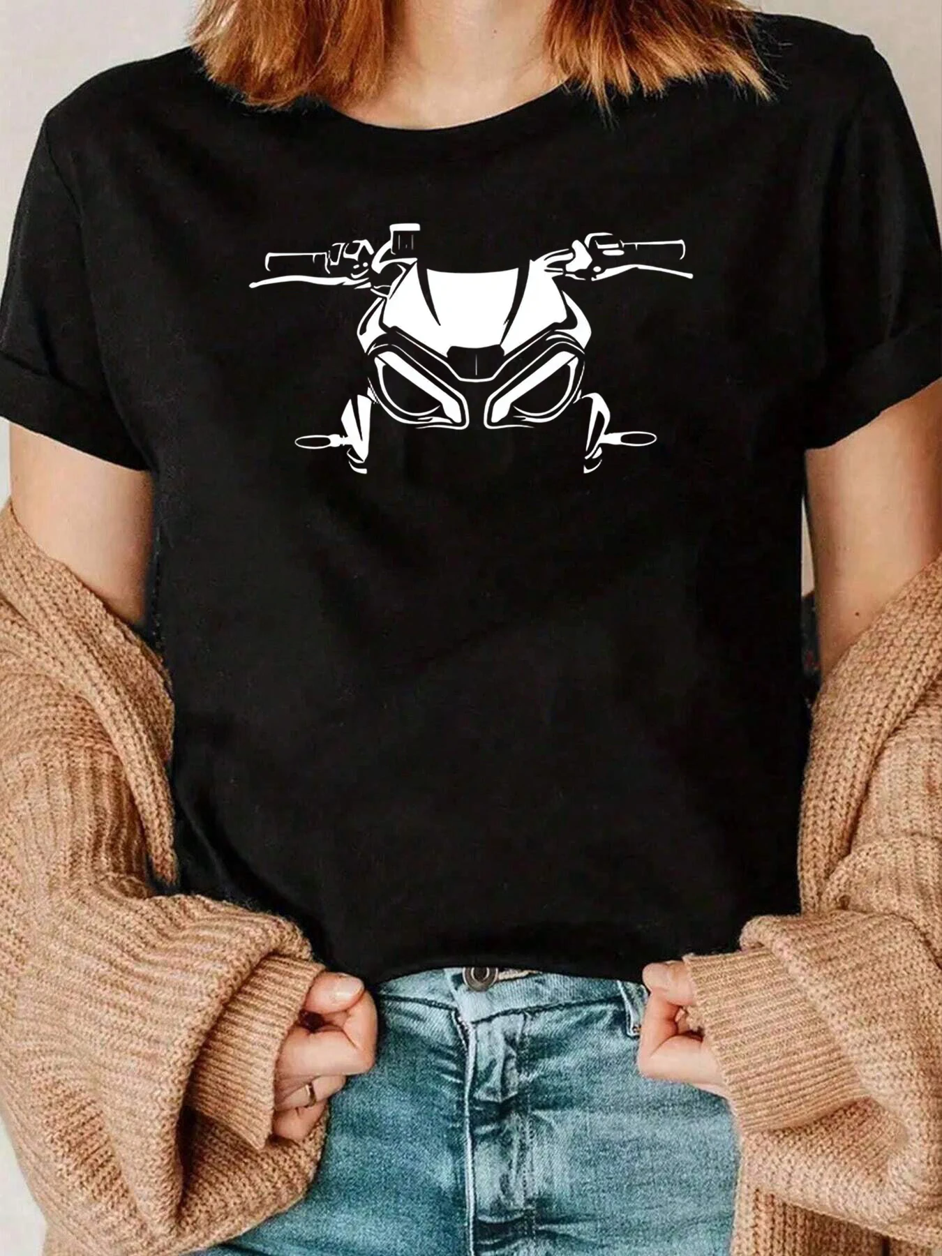 T-shirt imprimé graphique moto, tenue décontractée pour femmes, 220g