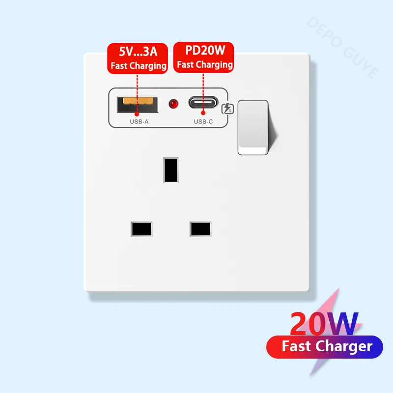 Universal 20W Type-C Wall Quick charge Socket,Dual Switch control Universal Power outlet,White UK Standard USB Interface Socket
