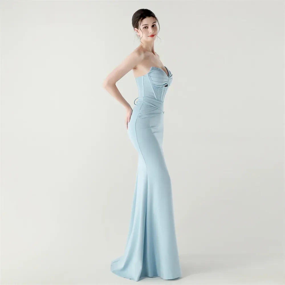Elegante vestido De noche azul cielo para cumpleaños, escote en forma De corazón con cuentas, limo, sirena, satén, vestidos formales para fiesta De graduación, bata De Gala De Soriee