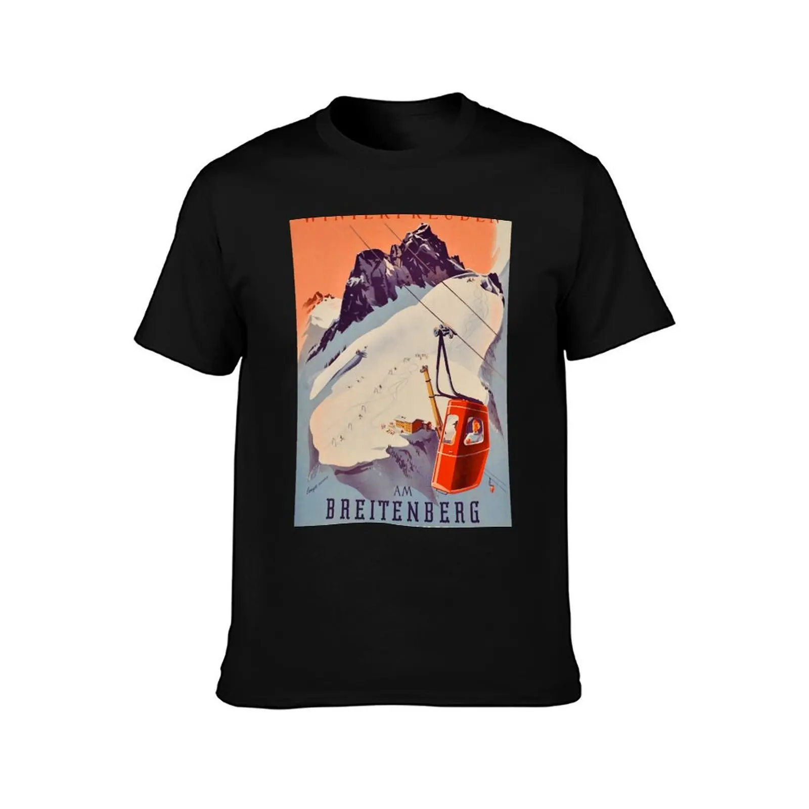 Vintage German Gondola Sport Ski Travel poster T-Shirt Simple Casual Short Sleeve Cotton T-Shirt