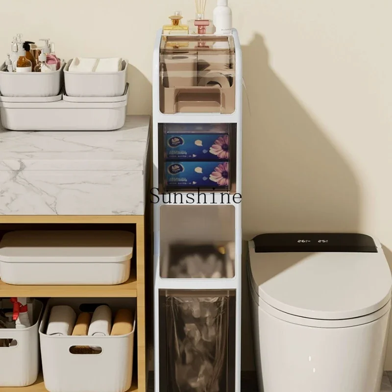 

Bathroom crevice cabinet rack toilet storage with trash can wastebasket