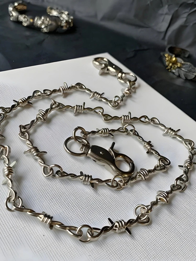 Pantalon barbelé en fil d'épines Punk, chaîne de taille longue, Hippop Grunge Goth pour femmes et hommes, accessoires en jean