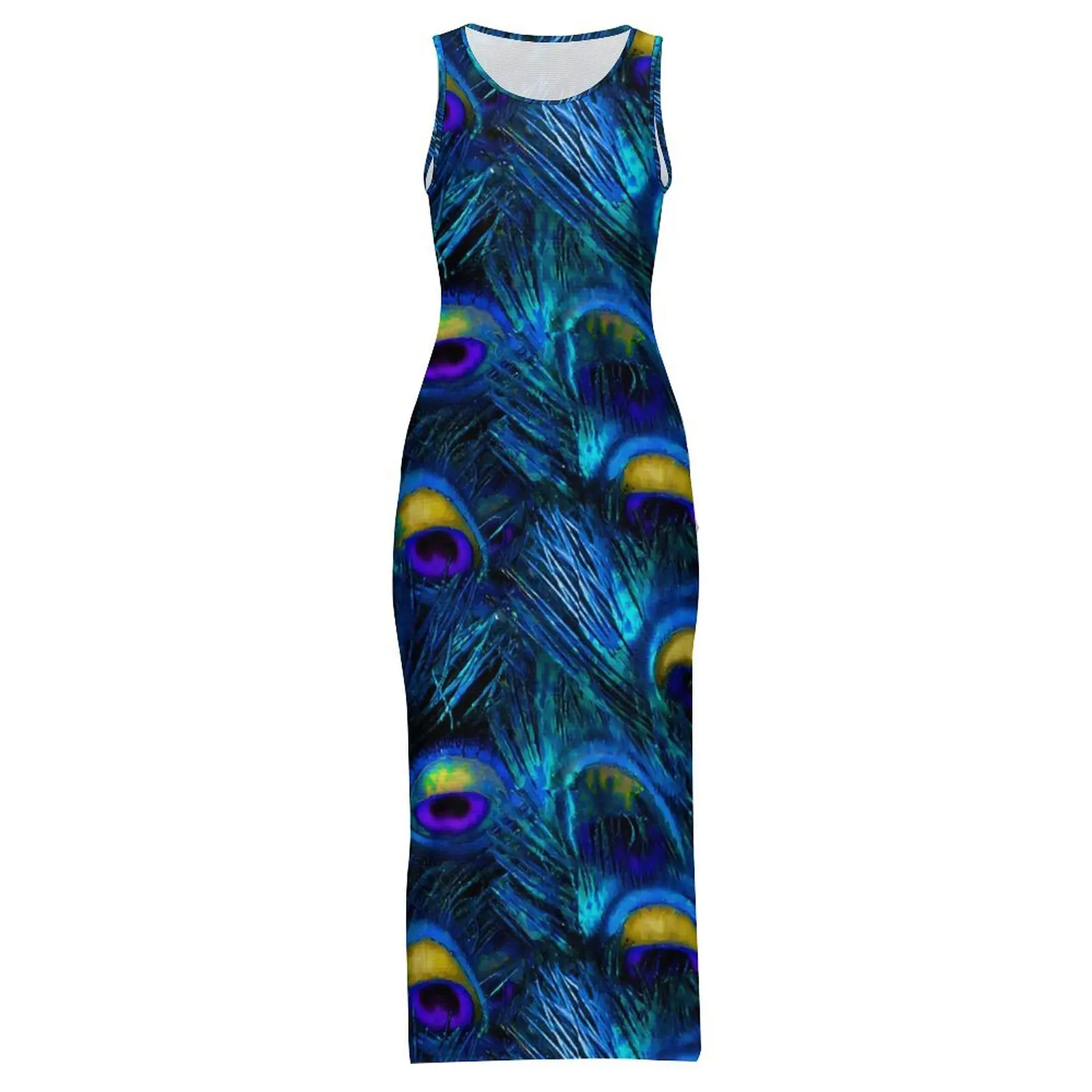 Woman Bodycon Dress Pretty Peacock Feather Maxi Dresses Summer Animal Print Sleeveless Street Wear Graphic Dress Big Size 4XL