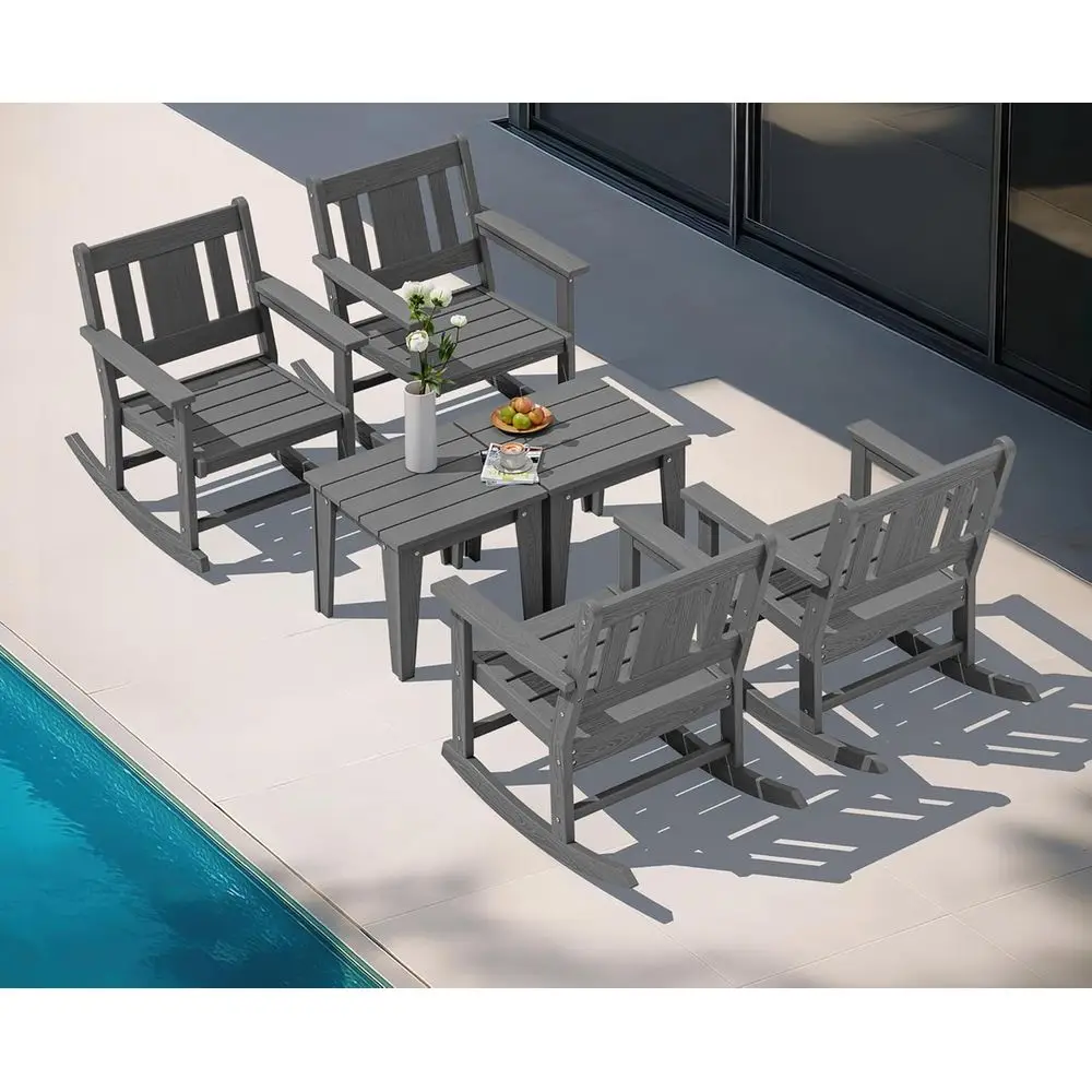 

Серый набор для уличного бистро из ПЭВП с креслами-качальцами и столом для патио, крыльца, заднего двора или балкона