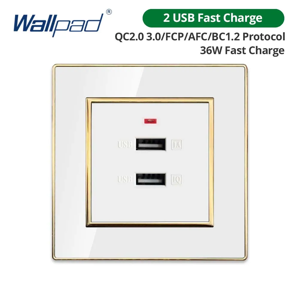 Wallpad Weißes Acryl-Panel mit goldenem Rand, 2-Wege-Wandlichtschalter mit LED-Anzeige, EU-Steckdose mit USB