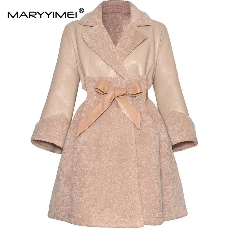 MARYYIMEI Women's Elegant Streetwear Solid Color Coat Notched Long-Sleeved Lace-Up Slim Pocket Autumn and Winter Overcoat