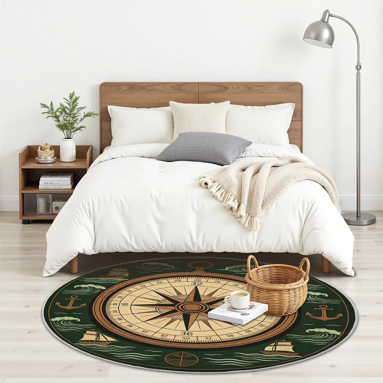 Vintage Nautical Compass Rug Mat Polyester Round Area Carpet Doormat Ocean Sea Theme Bath Mat for Living Room Bathroom Home Deco