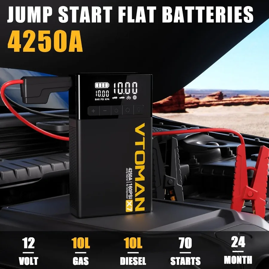 Jump Starter with Air Compressor 4250A160PSI Battery Car Jumper Starter Portable Booster Pack 10L Gas/10L Diesel with