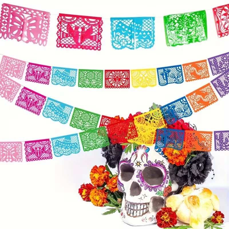 1-10Sets Mexican Fiesta Bunting Banner Felt Papel Picado Garland for Dia De Los Muertos Cinco De Mayo Party Decoration