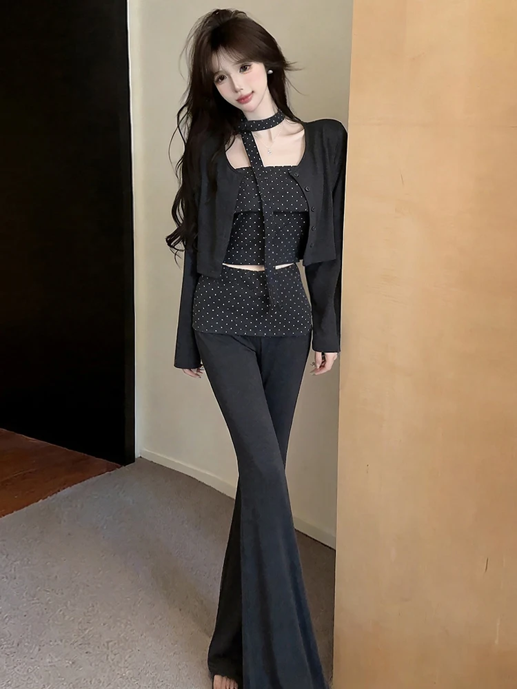 Slim Fit Long Sleeve Polka Dot Print Wrap Vest Top And Wide Leg Pants Set Casual Sexy Style Women's Fashion Ensemble