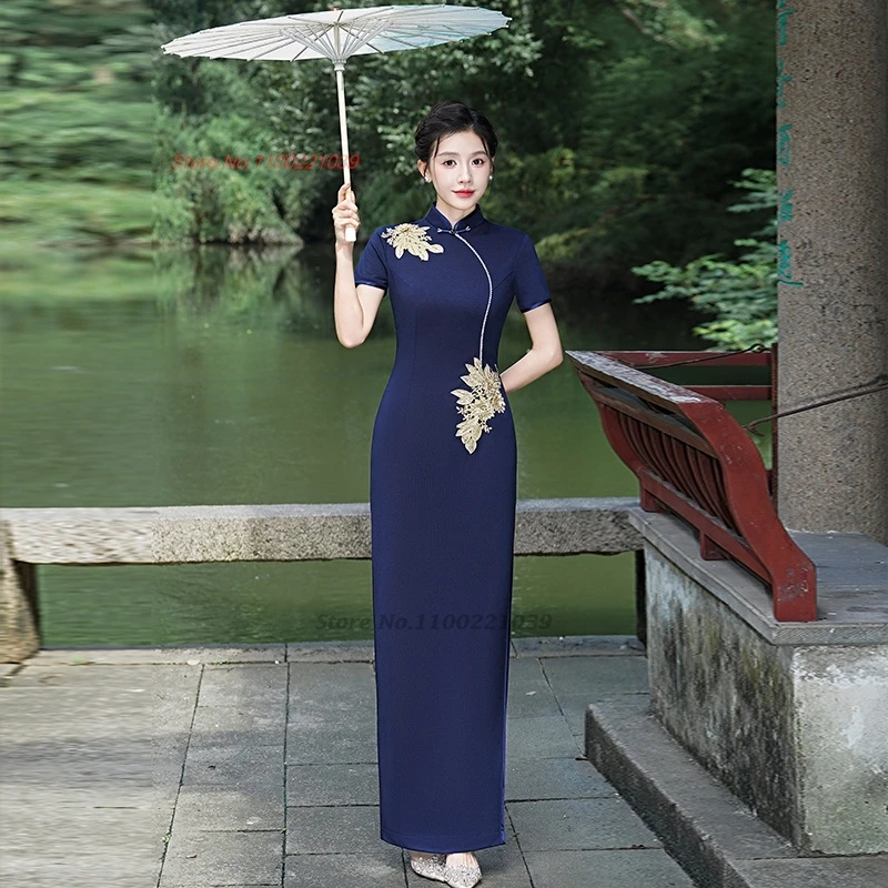 

Китайское винтажное платье 2025 года, улучшенное платье Cheongsam с цветочной вышивкой, народное платье, элегантное сценическое платье Ципао, банкетное вечернее платье