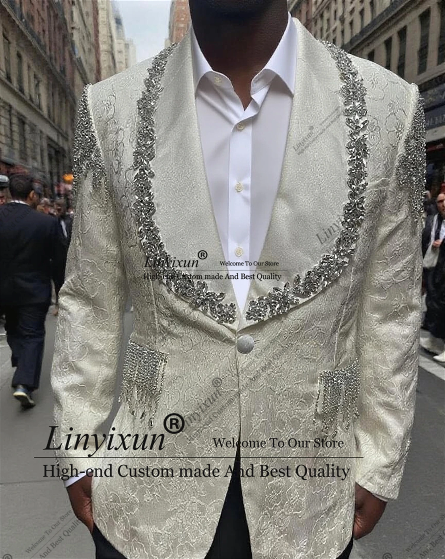 

Shiny Gem Crystals Beaded Tuxedos Men Suit 2 Pieces Groom Wedding Costume Homme Handsome Slim Male Party Prom Blazers Customized