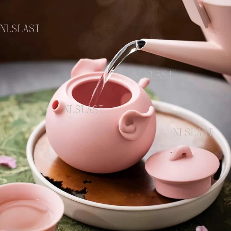 Cute Pink Pig Purple Clay Teapot Matte Finish Kawaii Animal Shaped Tea Pot with Tail Handle for Home Office and Gift Desk Decor