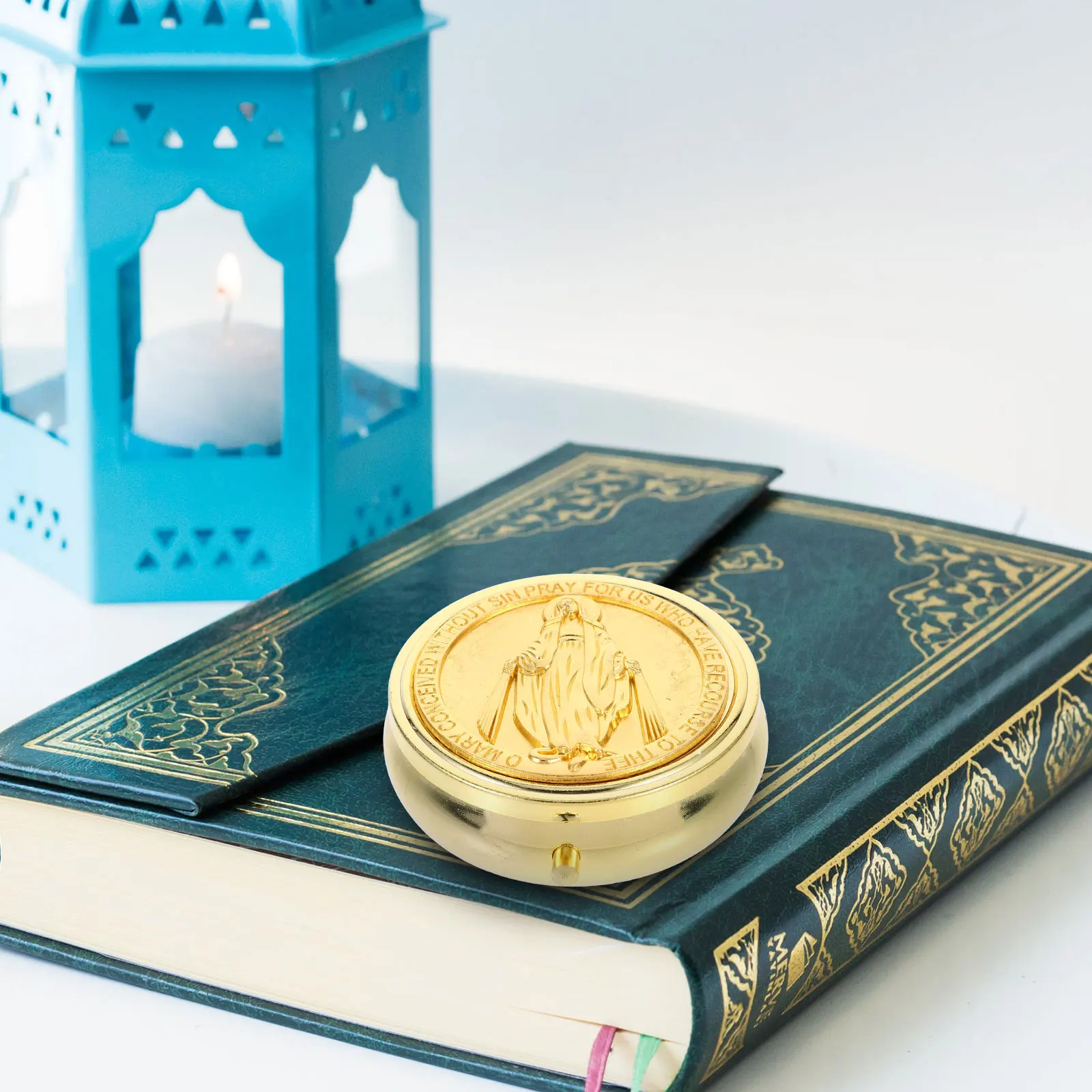 

Gift Box Jewelry Communion Rosary Case Holy Grail Golden Zinc Alloy Metal Organizer Vintage Round Storage Container Moisture