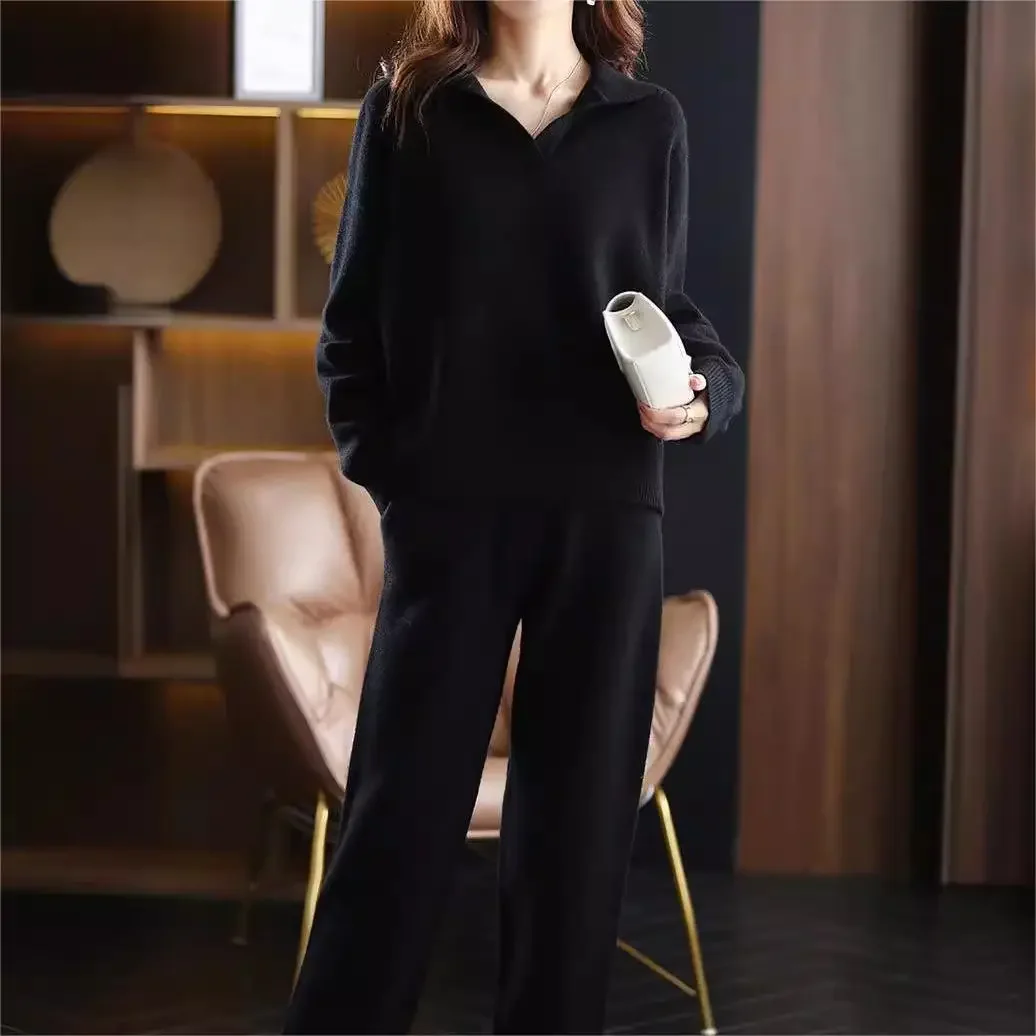 Knitting 2 Piece Sets Muslim Ensemble Women Sweater Turndown Collar Pullover Knitted Wide Leg Pants Suit Knitwear Casual Outfits