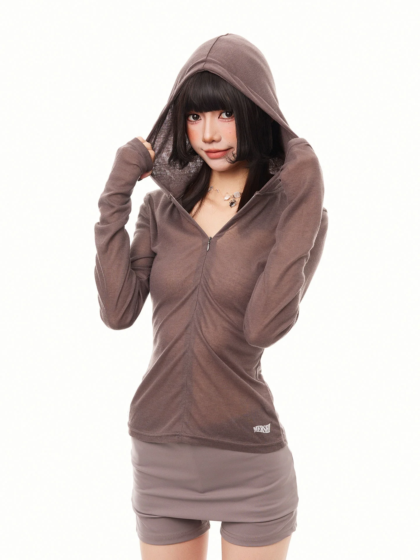 K787 Spicy Girl Outdoor Sports Cycling Suit Set Hooded Top Women's Slightly Transparent Sun Protection Yoga Shorts Two-Piece Set
