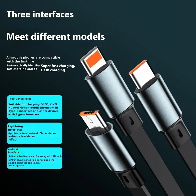 100W 3 In 1 Retractable Usb Cable Fast Charging And Data Micro Usb Type C For apple15 14 13 Pro Max Android Phone Xiaomi Cable