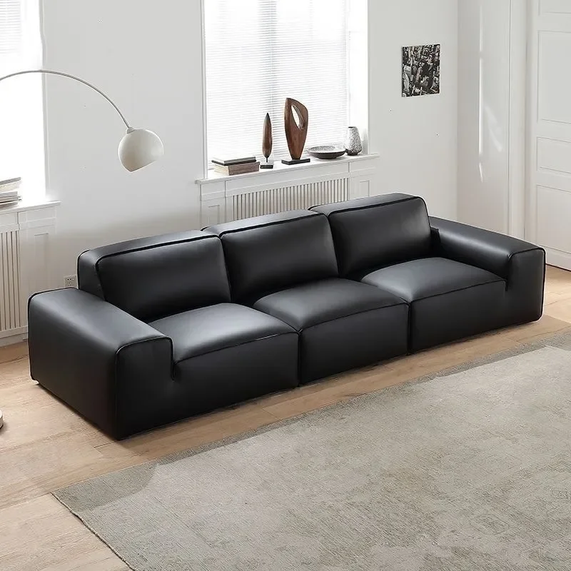 Minimalist Italian Black Cowhide Leather Sofa 3 Seater Straight Row for Small Apartment Living Room Top Grain Leather Couch