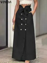 Plus Size VONDA Women Summer Maxi Skirts 2024 Solid Bow Casual Buttons Skirts Elegant OL Office Belt Bottoms Oversized Skirts