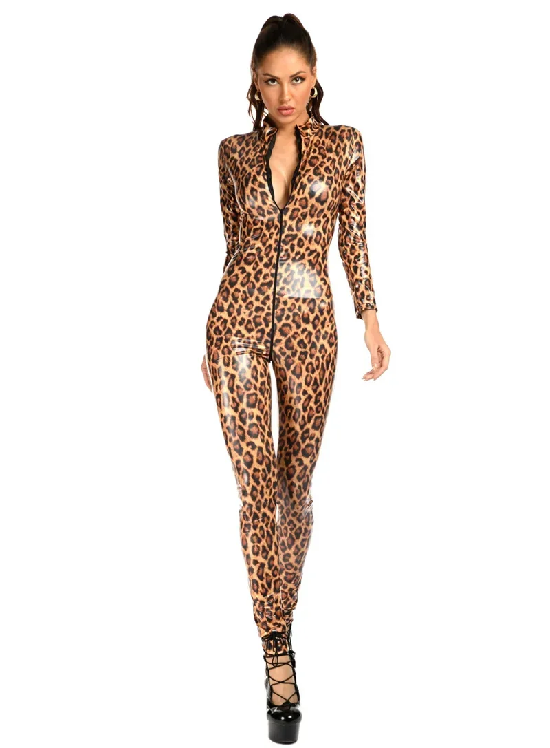 Mono de charol brillante con estampado de leopardo para mujer, peto ajustado de manga larga con cremallera frontal y entrepierna abierta, pantalones pitillo