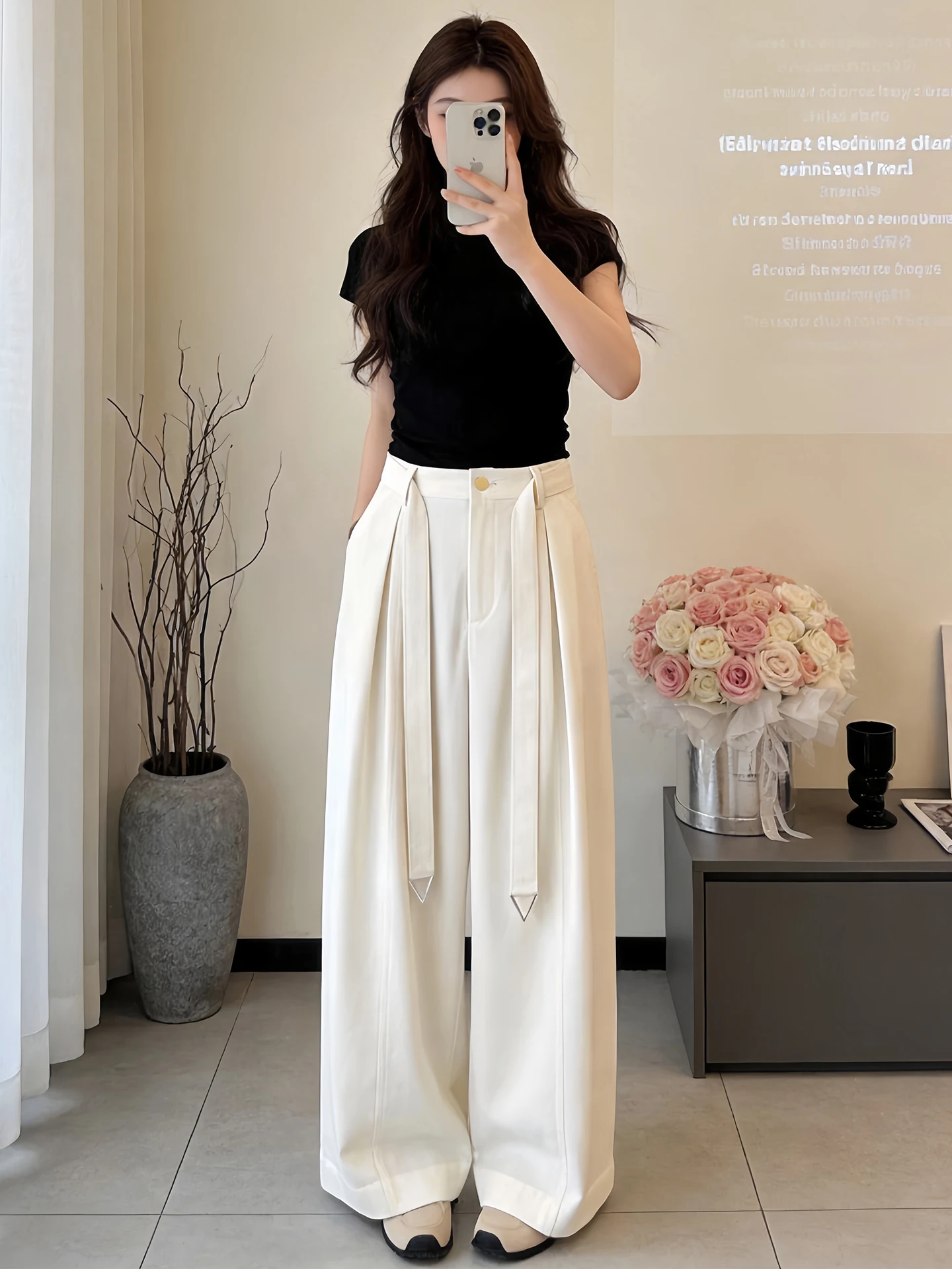 

Женские повседневные брюки с высокой талией и широкими штанинами, весенне-осенние, свободного кроя, струящиеся, универсальные, с дизайнерским акцентом, модель «Кайфу»