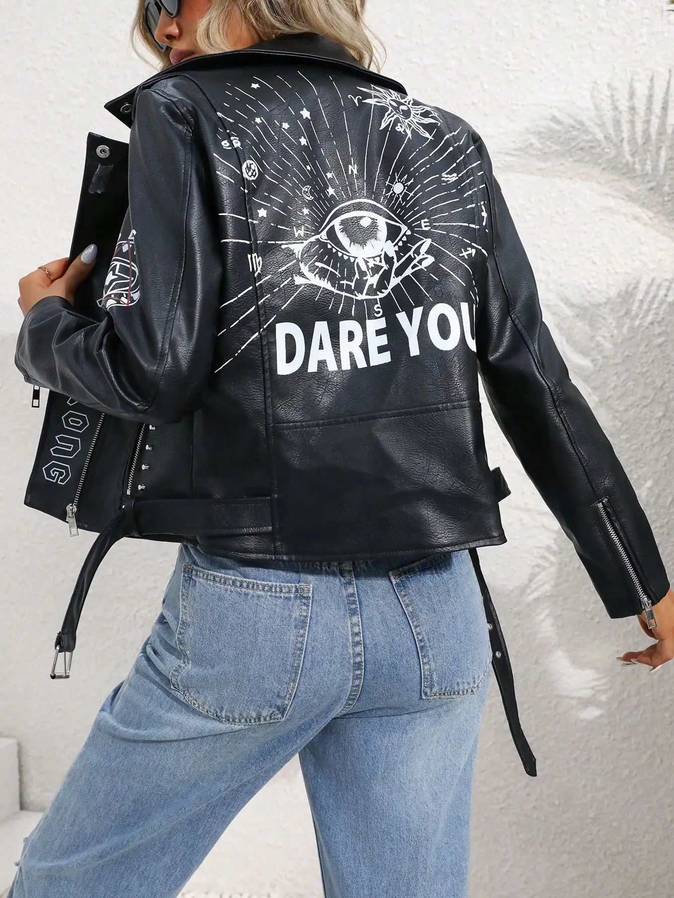 FTLZZ Women Faux PU Leather Jacket Casual Lady Lapel Zipper Graffiti Print Leather Coat Moto Bike Rivet Outwear