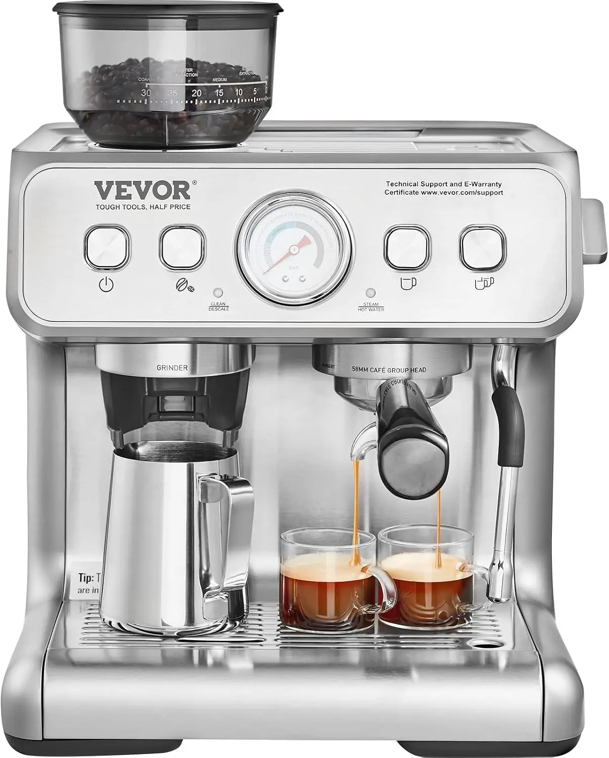 Espresso Machine Built-in Grinder, 15 Bar Semi-Automatic Espresso Coffee Maker with Milk Frother Steam Wand, PID Control System