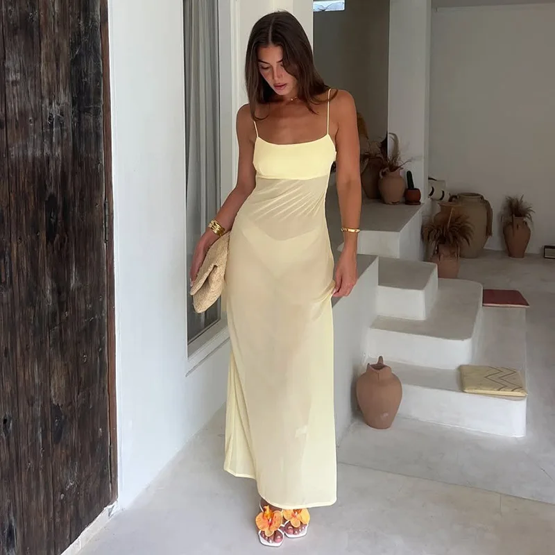 

Tornova Mesh See Through Spaghetti Strap Dress For Women Backless Sexy Beach Vacarion Summer Fashion Sling Dress Fermale Solid